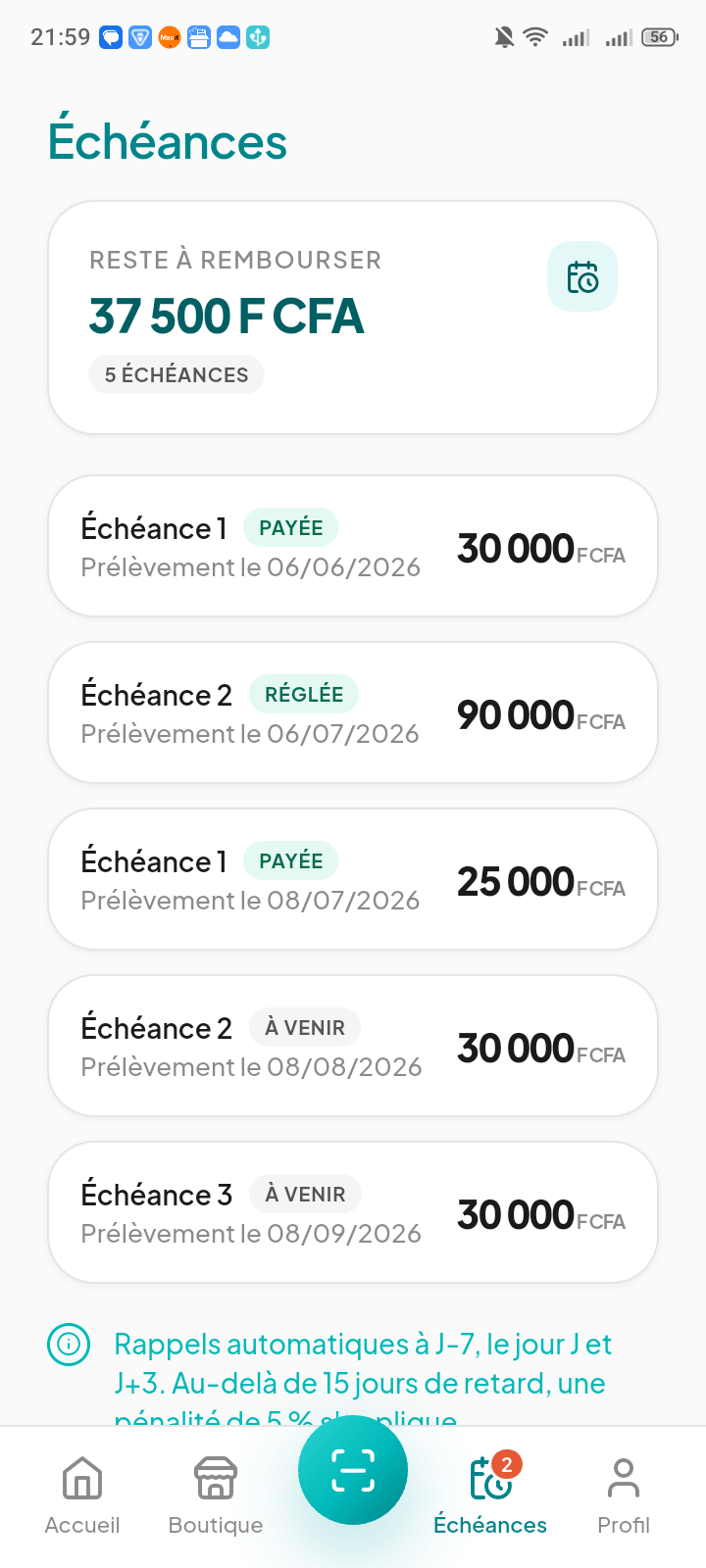 Application Donypay, échéancier de remboursement avec les échéances payées et à venir